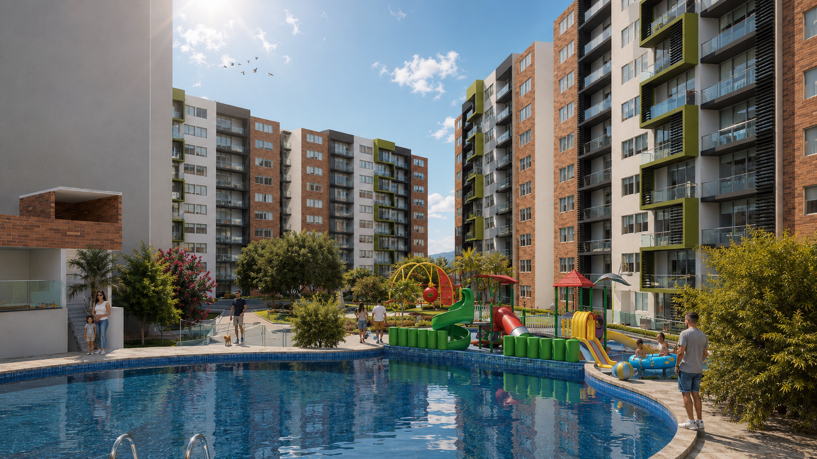 Render de piscina y amenidades de Torres del Sol