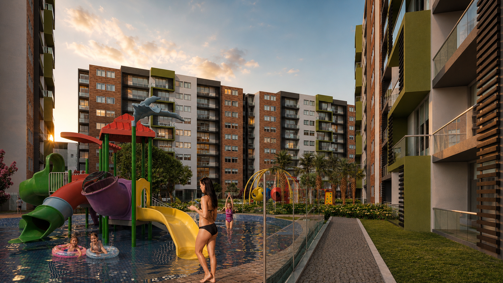 Render de parque acuático infantil de Torres del Sol