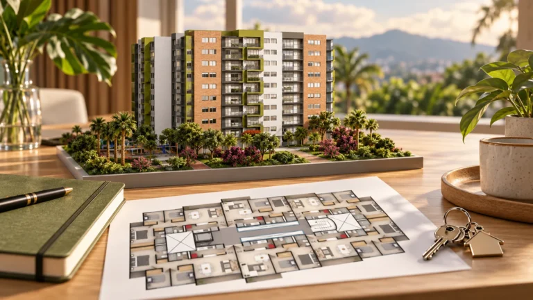 Maqueta editorial de Torres del Sol con plano y llaves para guía de apartamentos NO VIS en Villavicencio