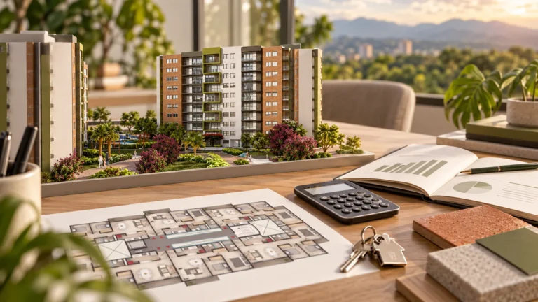 Maqueta de Torres del Sol con plano y elementos de analisis para inversión en apartamento en Villavicencio