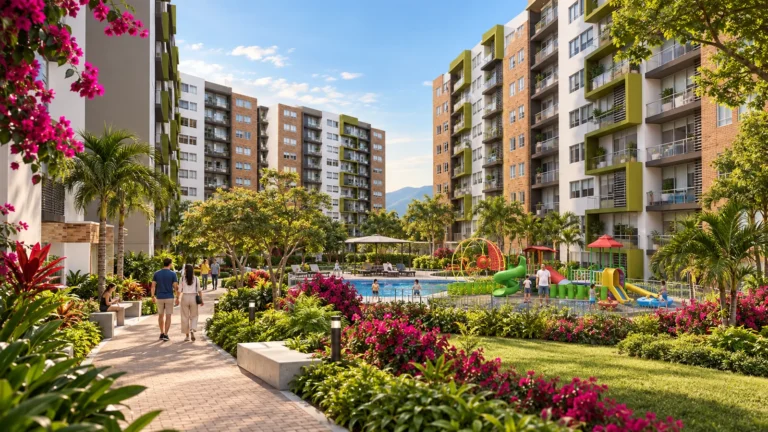 Parque residencial de Torres del Sol con jardines, piscina, juegos y torres de apartamentos
