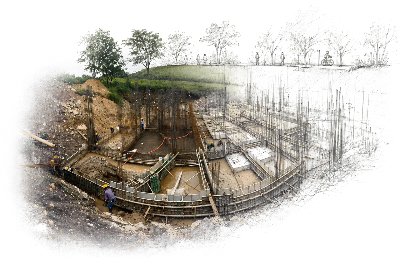Esquema de excavación, cimentación y superficie libre de Torres del Sol